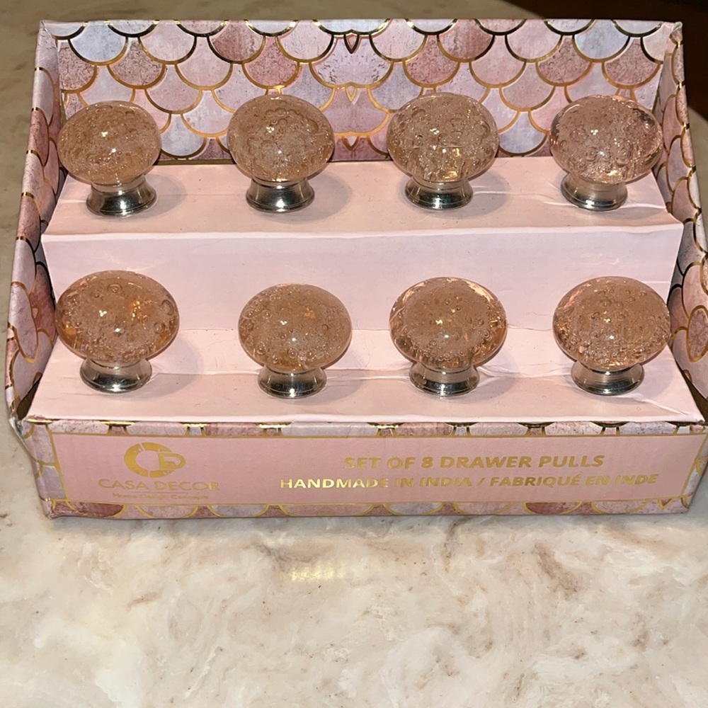 New.  Casa Decor pink glass drawer pulls